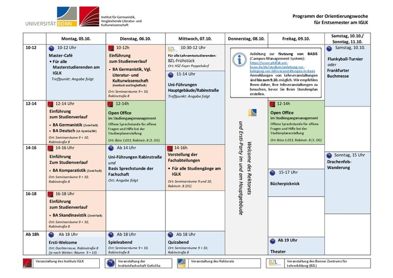 Übersicht über das Programm der Orientierungswoche am IGLK